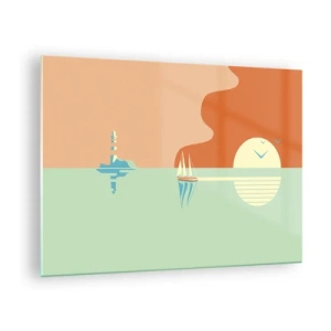 Impression sur verre - Image sur verre - Un coucher de soleil minimaliste avec un voilier et un phare - 70x50cm - Paysage idéal de la mer - Décoration murale moderne pour le salon et la chambre ARTTOR