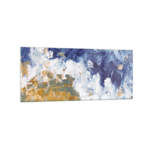 Impression sur verre - Image sur verre - Abstraction dans les tons de bleu, blanc et or - 120x50cm - Danse des éléments - Décoration murale moderne pour le salon et la chambre ARTTOR