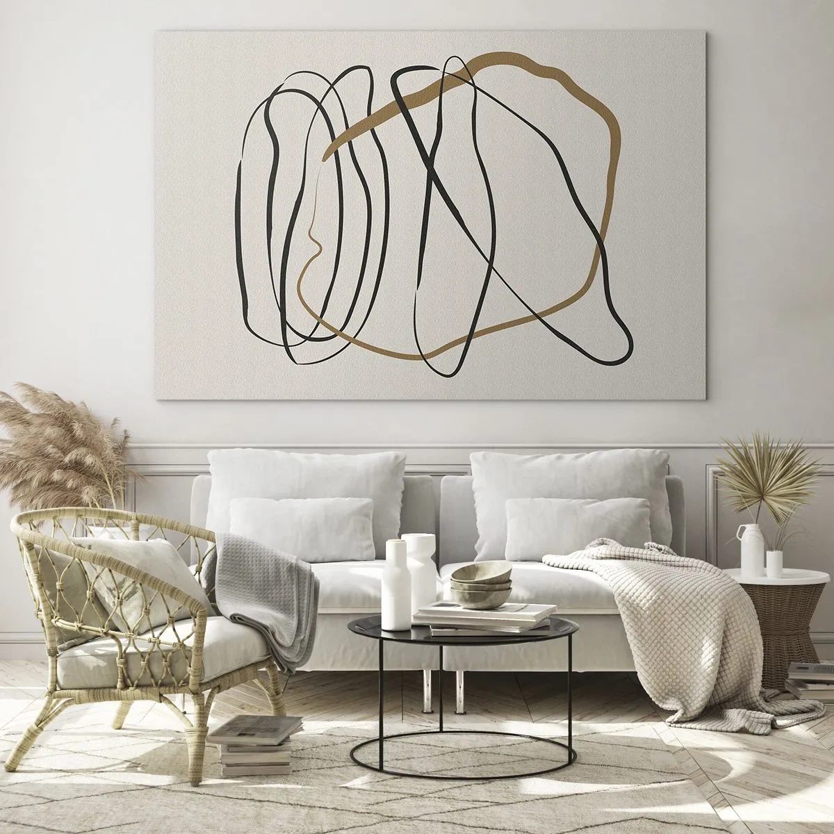 Impression sur verre - Image sur verre - Une composition expressive de lignes noires et brunes sur un fond clair. - 70x50cm - Composition – danse en boucle - Décoration murale moderne pour le salon et la chambre ARTTOR