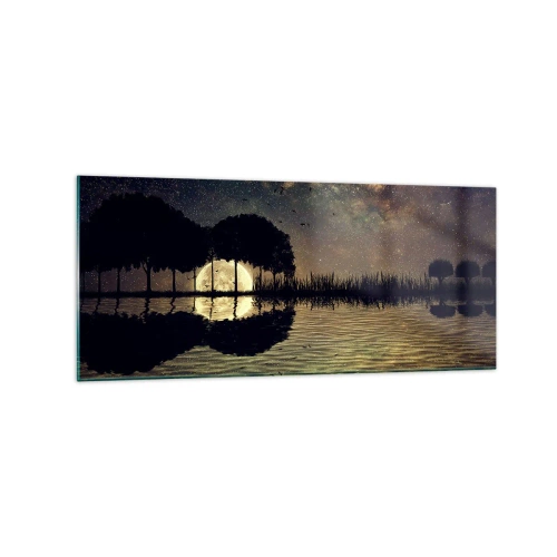 Impression sur verre - Image sur verre - Une nuit magique avec des arbres et la lune se reflétant sur l'eau - 120x50cm - Nuit au bout du monde - Décoration murale moderne pour le salon et la chambre ARTTOR