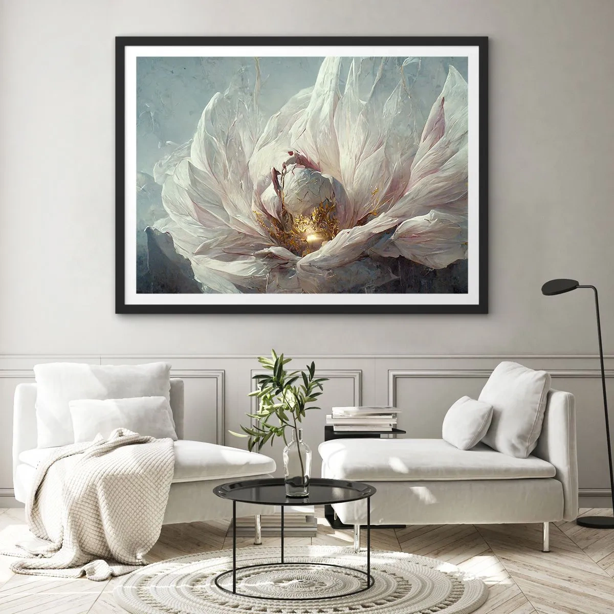 Affiche dans un cadre noir - Poster - Une fleur blanche délicate avec de subtils accents dorés - 70x50cm - Il fleurit une fois tous les cent ans - Décoration murale moderne pour le salon et la chambre ARTTOR