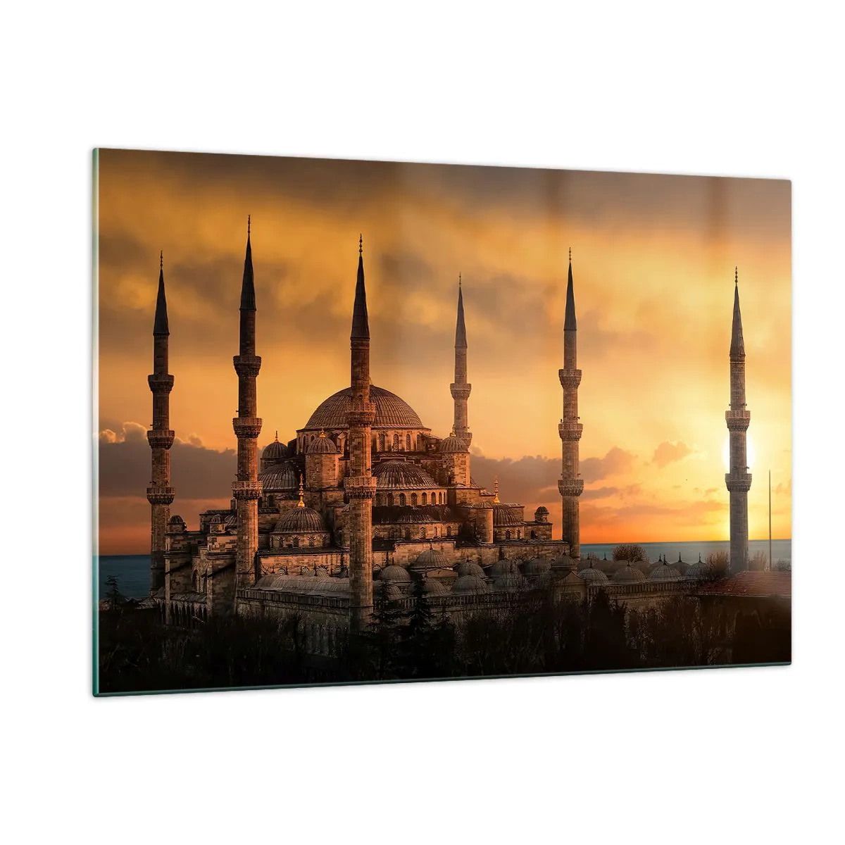 Impression sur verre - Image sur verre - La Mosquée Bleue sur fond de coucher de soleil - 120x80cm - Dieu est grand - Décoration murale moderne pour le salon et la chambre ARTTOR