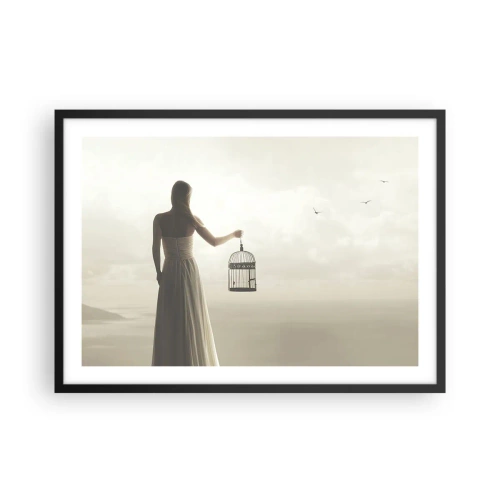 Affiche dans un cadre noir - Poster - Une femme avec une cage contre un ciel calme - 70x50cm - Soi libre - Décoration murale moderne pour le salon et la chambre ARTTOR