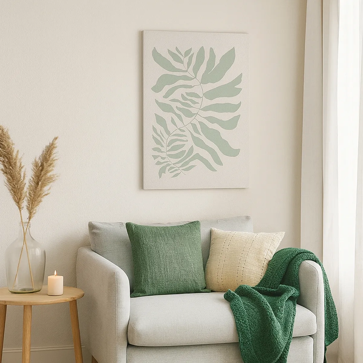 Impression sur toile - Image sur toile - Un motif de brindilles délicat avec des feuilles dans une nuance de vert émeraude - 50x70cm - Brindille d'émeraude - Décoration murale moderne pour le salon et la chambre ARTTOR