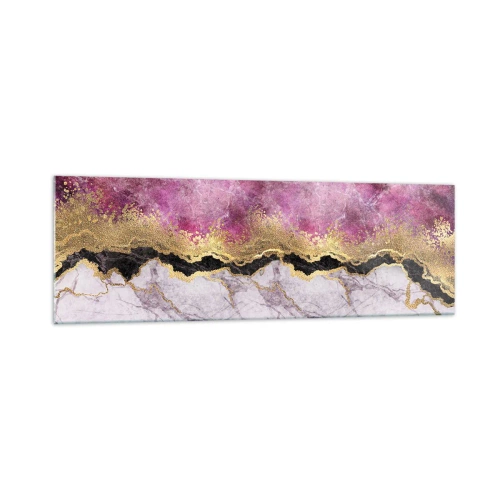 Impression sur verre - Image sur verre - Marbre abstrait dans des tons de rose avec des accents dorés - 160x50cm - À la frontière - Décoration murale moderne pour le salon et la chambre ARTTOR