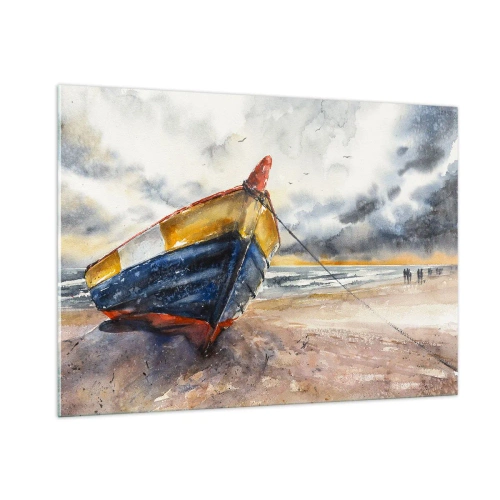 Impression sur verre - Image sur verre - Un bateau coloré sur la plage par temps nuageux - 100x70cm - Repos sur le rivage - Décoration murale moderne pour le salon et la chambre ARTTOR
