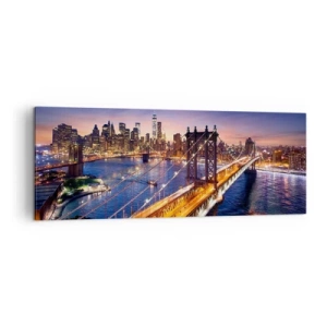 Impression sur toile - Image sur toile - Le pont et le panorama de la ville au coucher du soleil - 140x50cm - Un pont lumineux au cœur de la ville - Décoration murale moderne pour le salon et la chambre ARTTOR