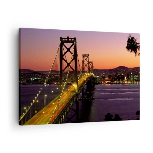Impression sur toile - Image sur toile - Un pont illuminé la nuit au-dessus de l'eau avec une vue panoramique sur la ville - 70x50cm - Soirée violette - Décoration murale moderne pour le salon et la chambre ARTTOR
