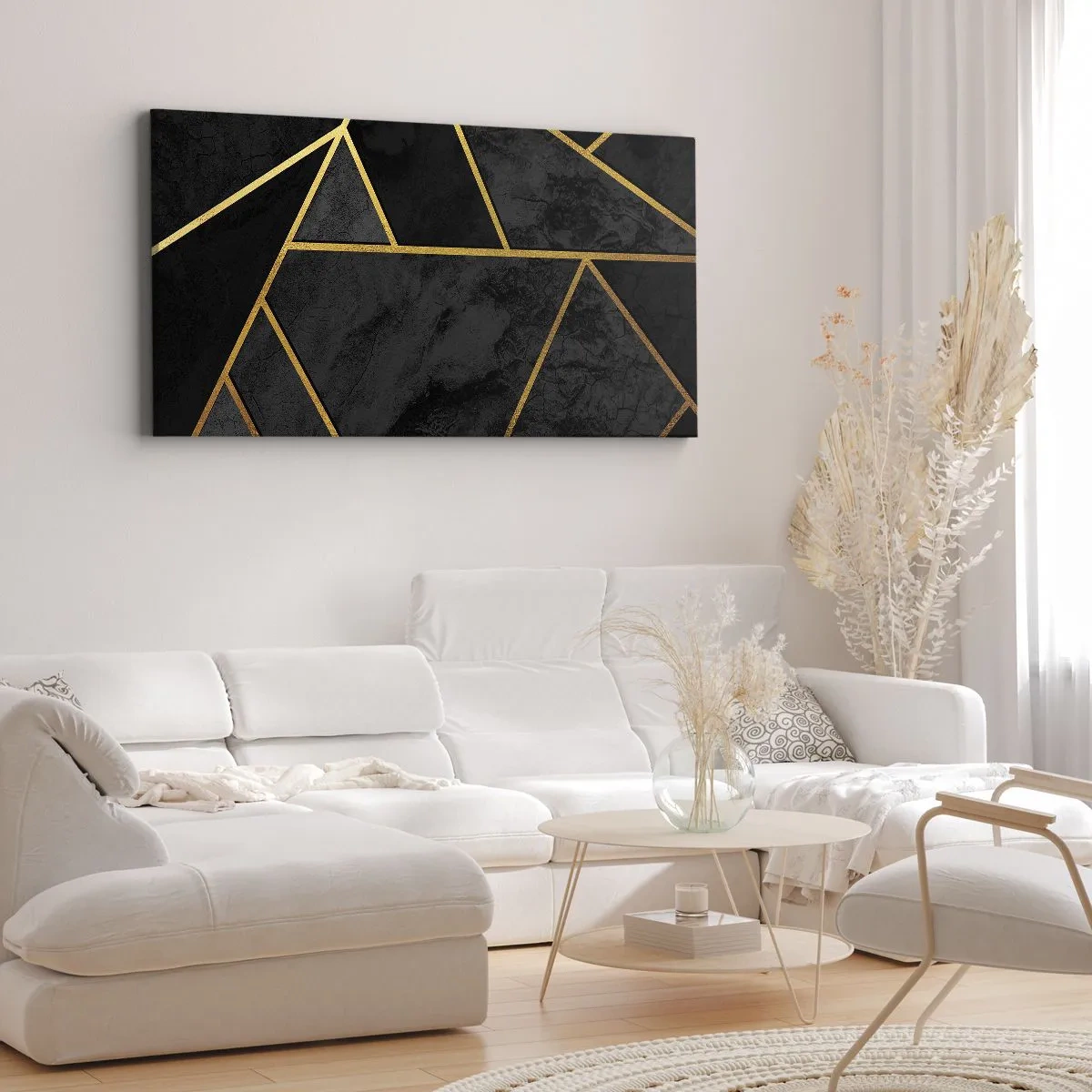 Impression sur toile - Image sur toile - Motif géométrique doré sur fond noir - 120x50cm - Obscurité et éclat - Décoration murale moderne pour le salon et la chambre ARTTOR