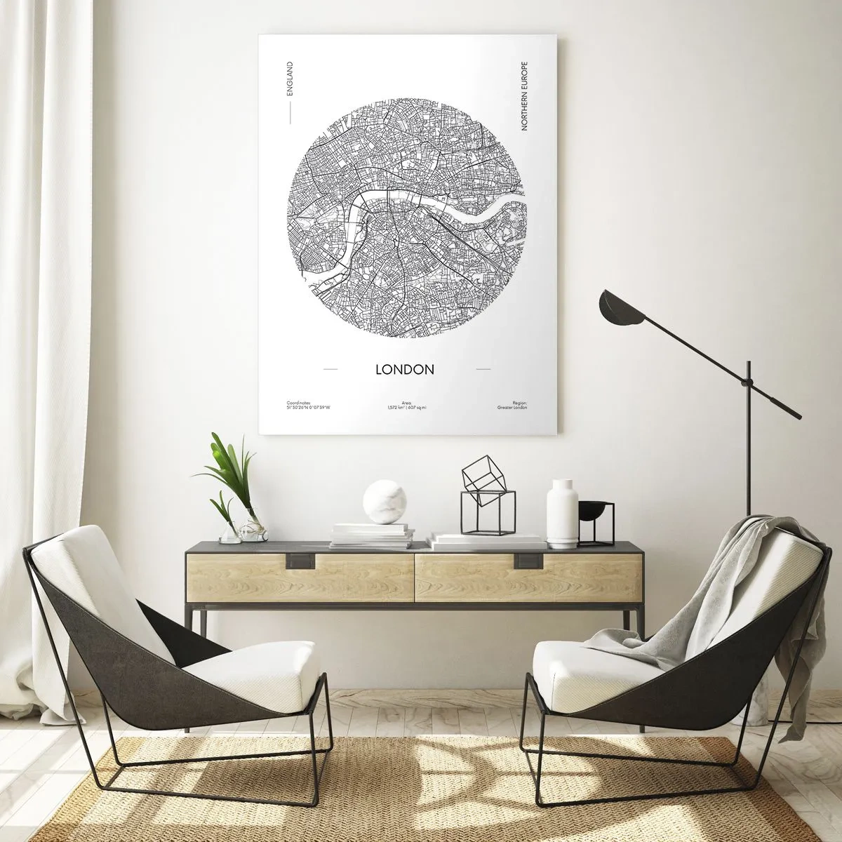 Impression sur verre - Image sur verre - Une carte détaillée de Londres dans un style graphique noir et blanc. - 50x70cm - Anatomie de Londres - Décoration murale moderne pour le salon et la chambre ARTTOR