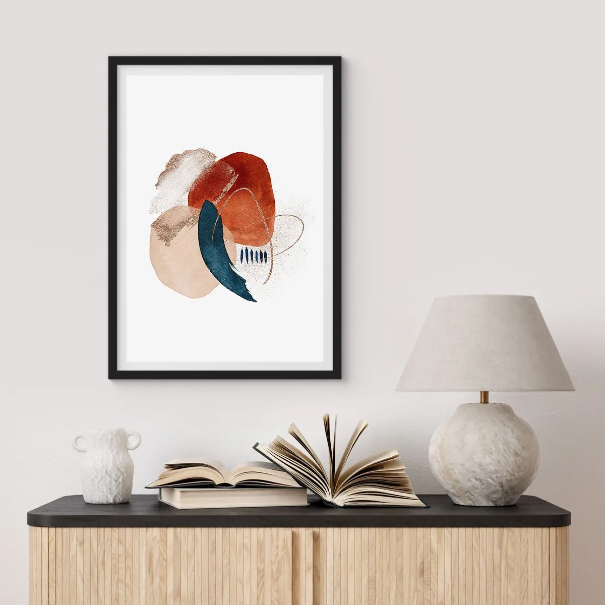 Affiche dans un cadre noir - Poster - Composition ovale abstraite aux couleurs chaudes - 50x70cm - Composition ovale - Décoration murale moderne pour le salon et la chambre ARTTOR