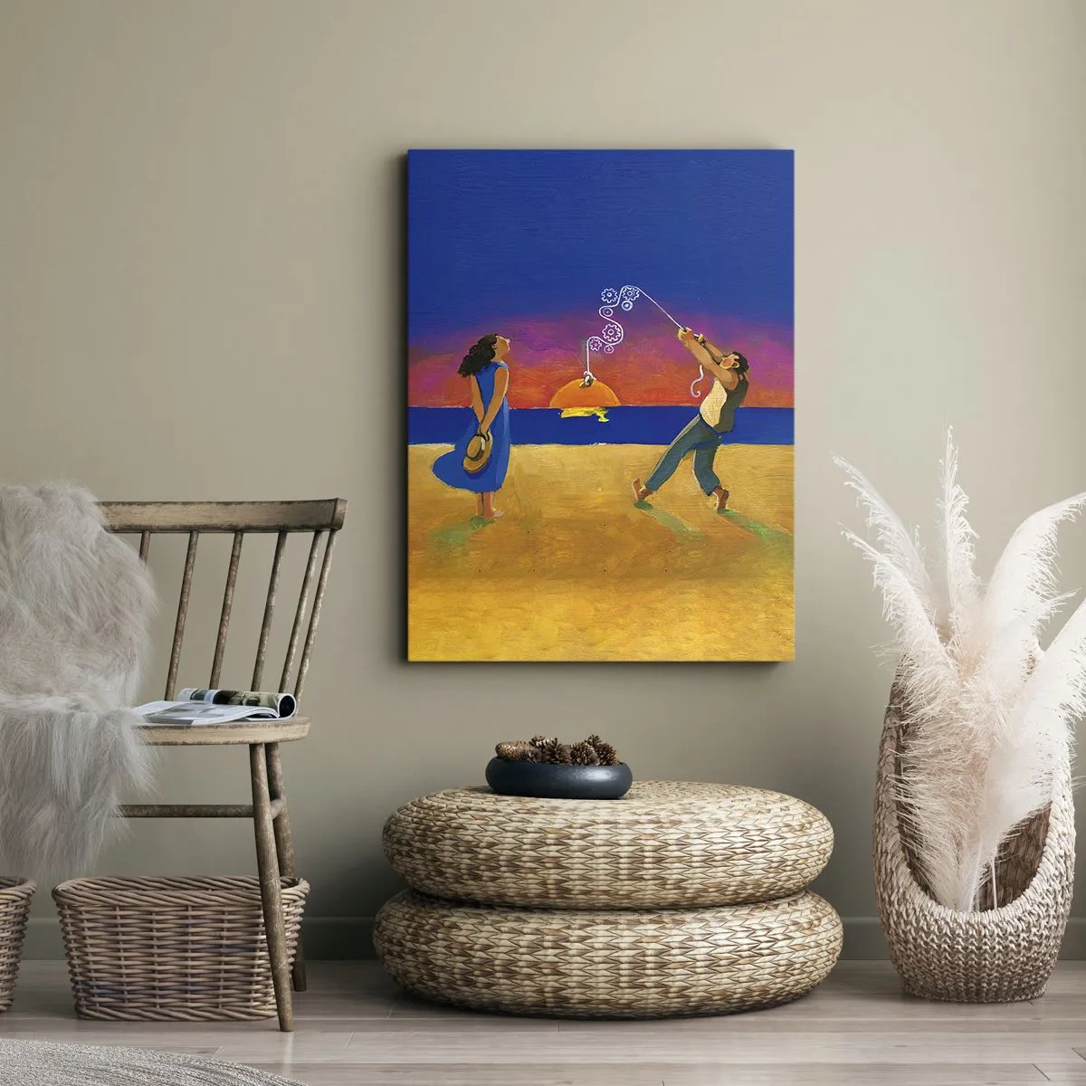 Impression sur toile - Image sur toile - Personnages au bord de la mer au coucher du soleil - 50x70cm - Plus qu'une étoile dans le ciel - Décoration murale moderne pour le salon et la chambre ARTTOR