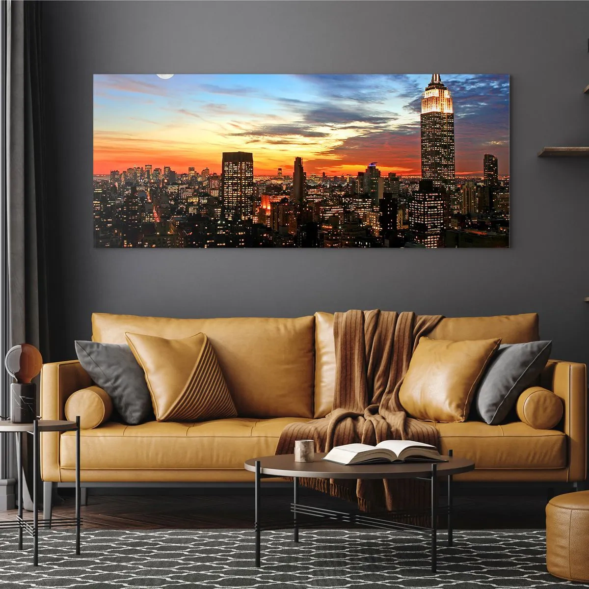 Impression sur verre - Image sur verre - Panorama de la ville avec des gratte-ciel illuminés au crépuscule - 140x50cm - Nuit américaine lumineuse - Décoration murale moderne pour le salon et la chambre ARTTOR