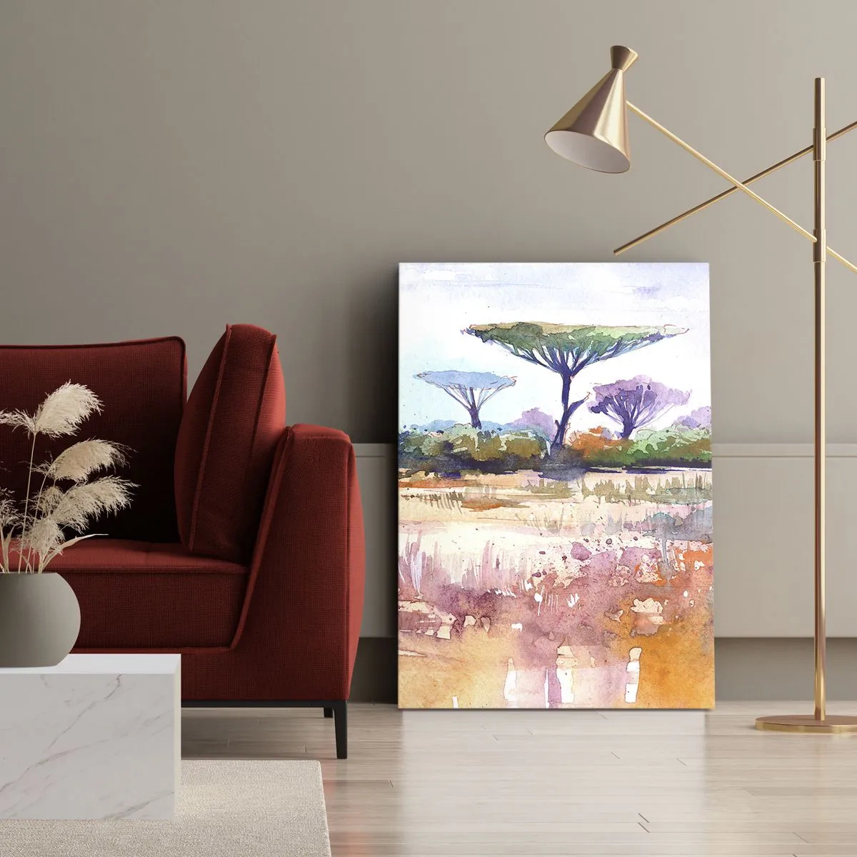 Impression sur toile - Image sur toile - Un paysage de savane pittoresque aux couleurs aquarelles - 80x120cm - Couleurs de savane - Décoration murale moderne pour le salon et la chambre ARTTOR