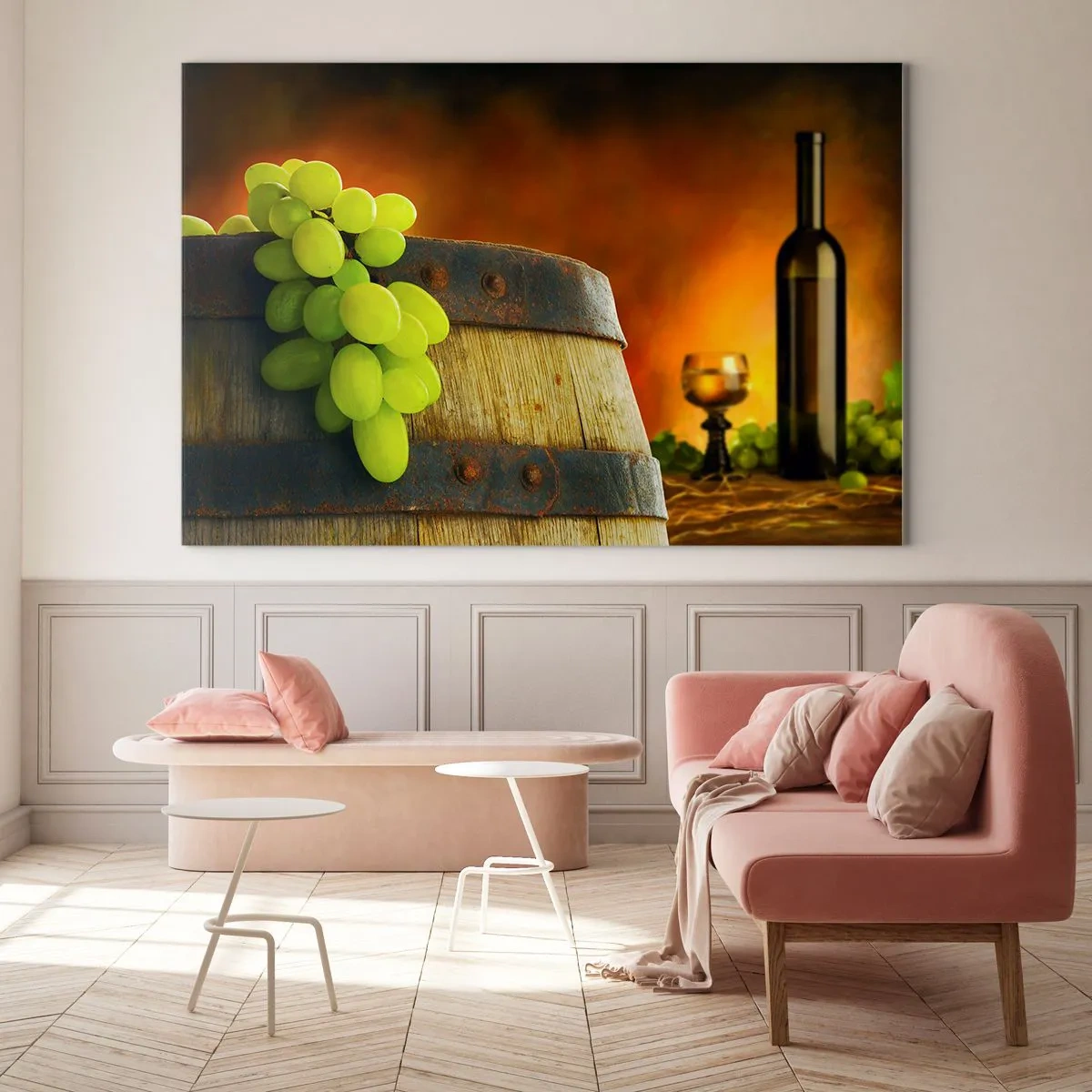 Impression sur verre - Image sur verre - Raisins sur un tonneau dans un cadre rustique avec du vin en arrière-plan - 120x80cm - Nature morte avec une bouteille de vin et une grappe de raisin - Décoration murale moderne pour le salon et la chambre ARTTOR