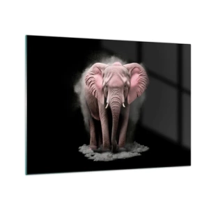 Impression sur verre - Image sur verre - Un éléphant rose sur fond noir entouré d'un nuage de poussière. - 70x50cm - Ne pensez pas à un éléphant rose ! - Décoration murale moderne pour le salon et la chambre ARTTOR