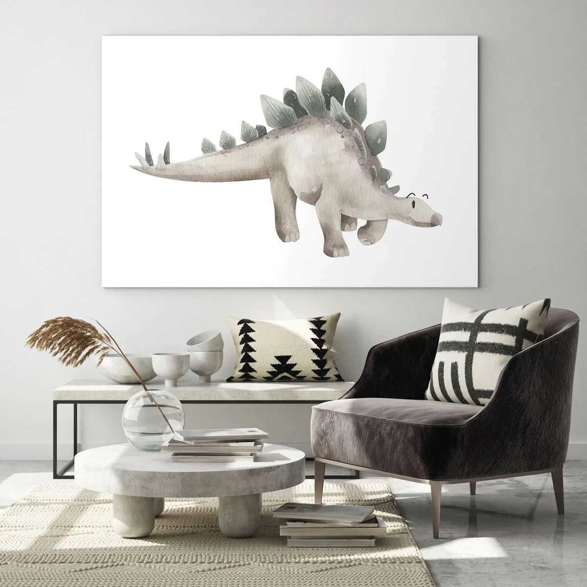 Impression sur verre - Image sur verre - Un dinosaure mignon aux couleurs pastel sur fond blanc - 70x50cm - Votre ami - Décoration murale moderne pour le salon et la chambre ARTTOR