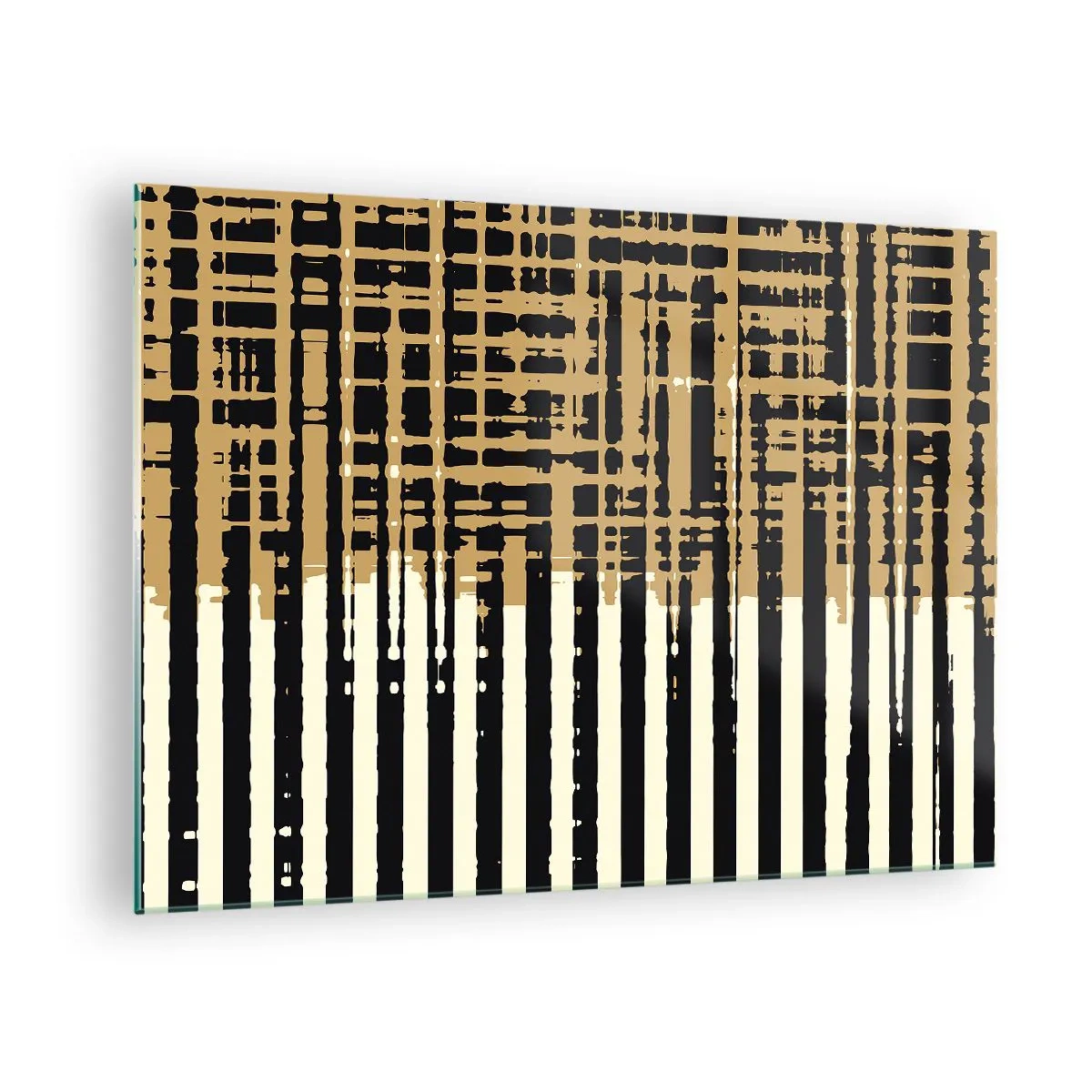 Impression sur verre - Image sur verre - Rayures et lignes géométriques dans des tons de noir et d'or - 70x50cm - Abstraction architecturale - Décoration murale moderne pour le salon et la chambre ARTTOR