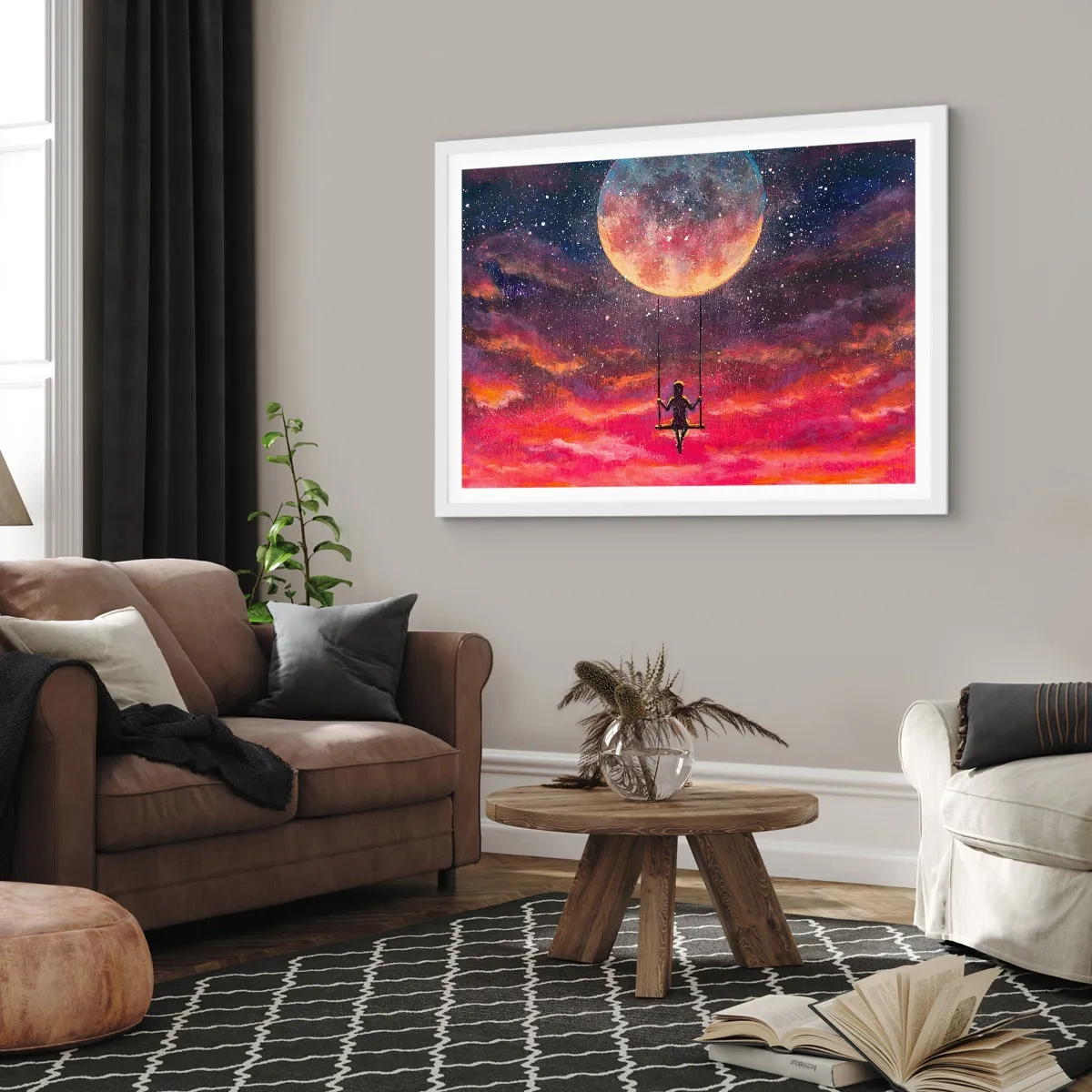 Affiche dans un cadre blanc - Poster - Se balancer dans les nuages - 100x70 cm