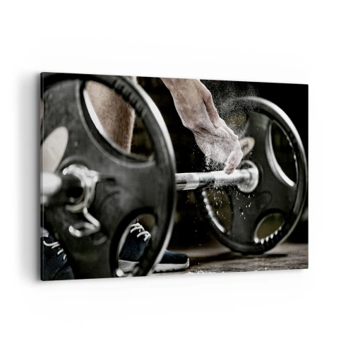 Impression sur toile - Image sur toile - Des haltères et les mains d'un athlète se préparant à l'entraînement - 120x80cm - Défi accepté! - Décoration murale moderne pour le salon et la chambre ARTTOR