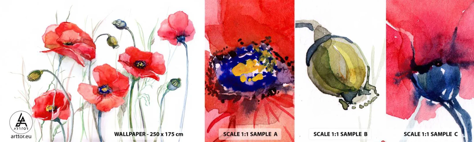 Échantillon de Papier Peint Autocollant Deluxe Sticker - Fleurs polonaises - Fleurs, Graines de coquelicot, Nature - 100x30 cm