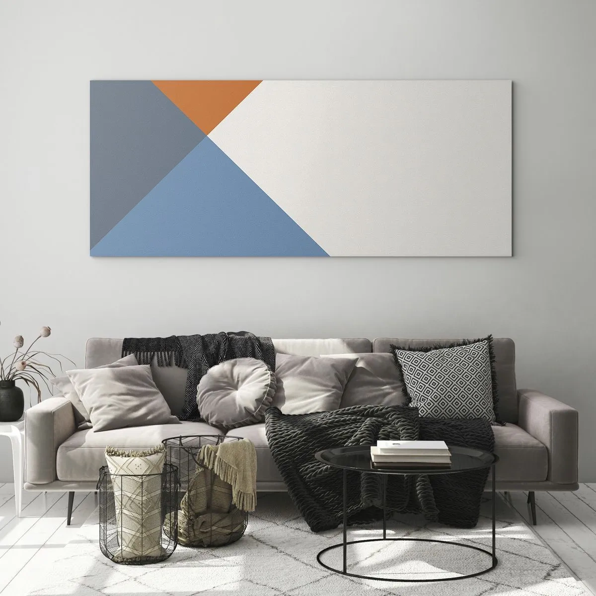 Impression sur verre - Image sur verre - Triangles géométriques dans les tons de bleu et d'orange - 120x50cm - Sous cette angle.... - Décoration murale moderne pour le salon et la chambre ARTTOR