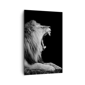 Impression sur toile - Image sur toile - Un lion rugissant sur fond noir dans des tons noir et blanc - 80x120cm - Sans aucun doute - Décoration murale moderne pour le salon et la chambre ARTTOR