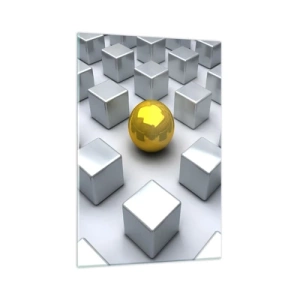 Impression sur verre - Image sur verre - Une sphère dorée se détachant parmi les cubes d'argent - 70x100cm - Pourquoi moi? Composition géométrique - Décoration murale moderne pour le salon et la chambre ARTTOR