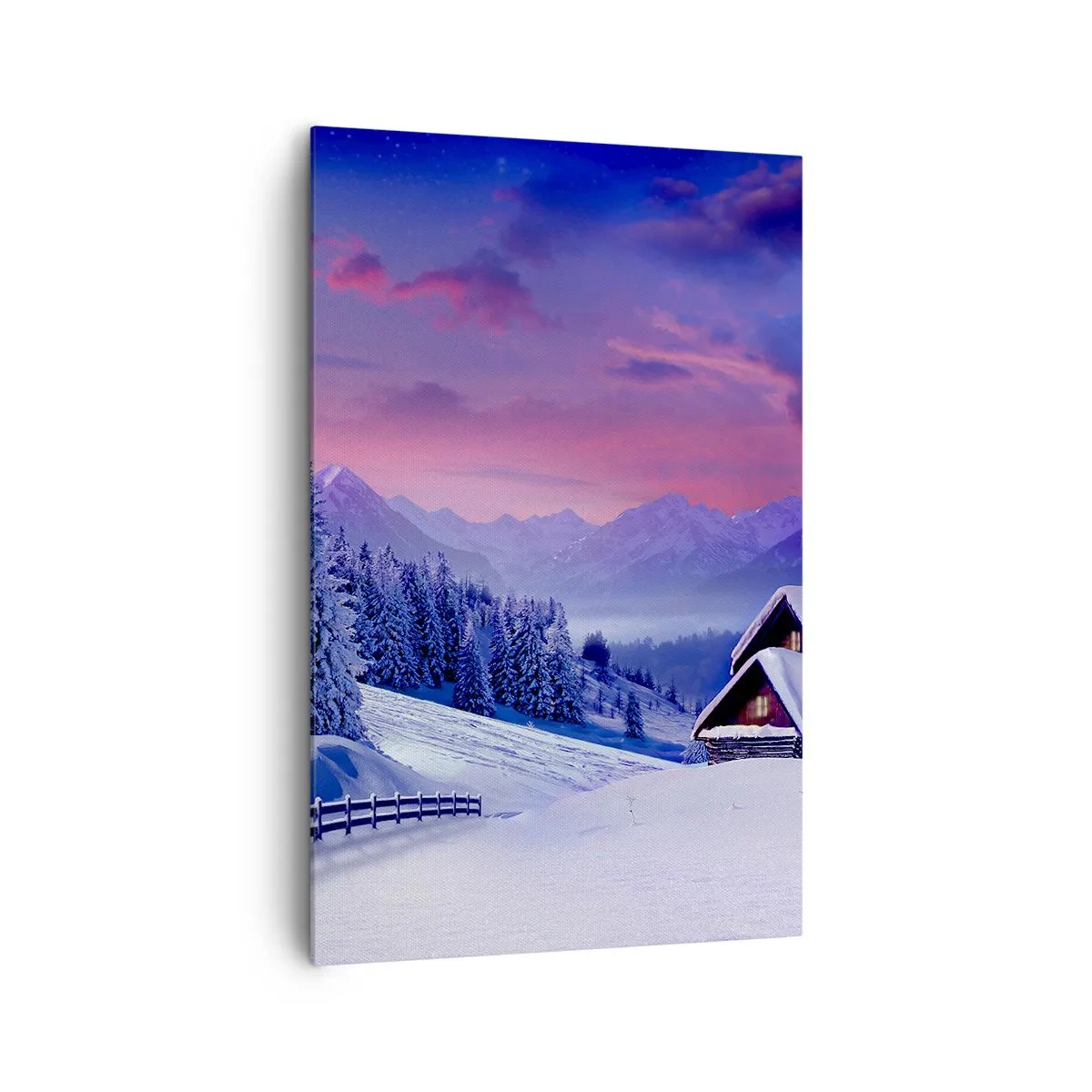 Impression sur toile - Image sur toile - Paysage d'hiver avec chalets de montagne au coucher du soleil - 80x120cm - Douce nuit - Décoration murale moderne pour le salon et la chambre ARTTOR