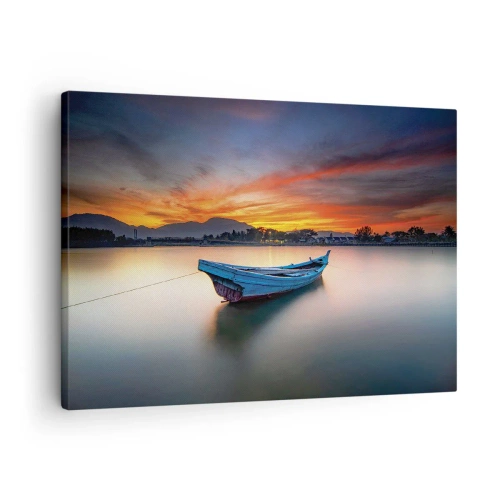 Impression sur toile - Image sur toile - Un bateau sur l'eau pendant un coucher de soleil pittoresque - 70x50cm - Une bonne nuit arrive - Décoration murale moderne pour le salon et la chambre ARTTOR