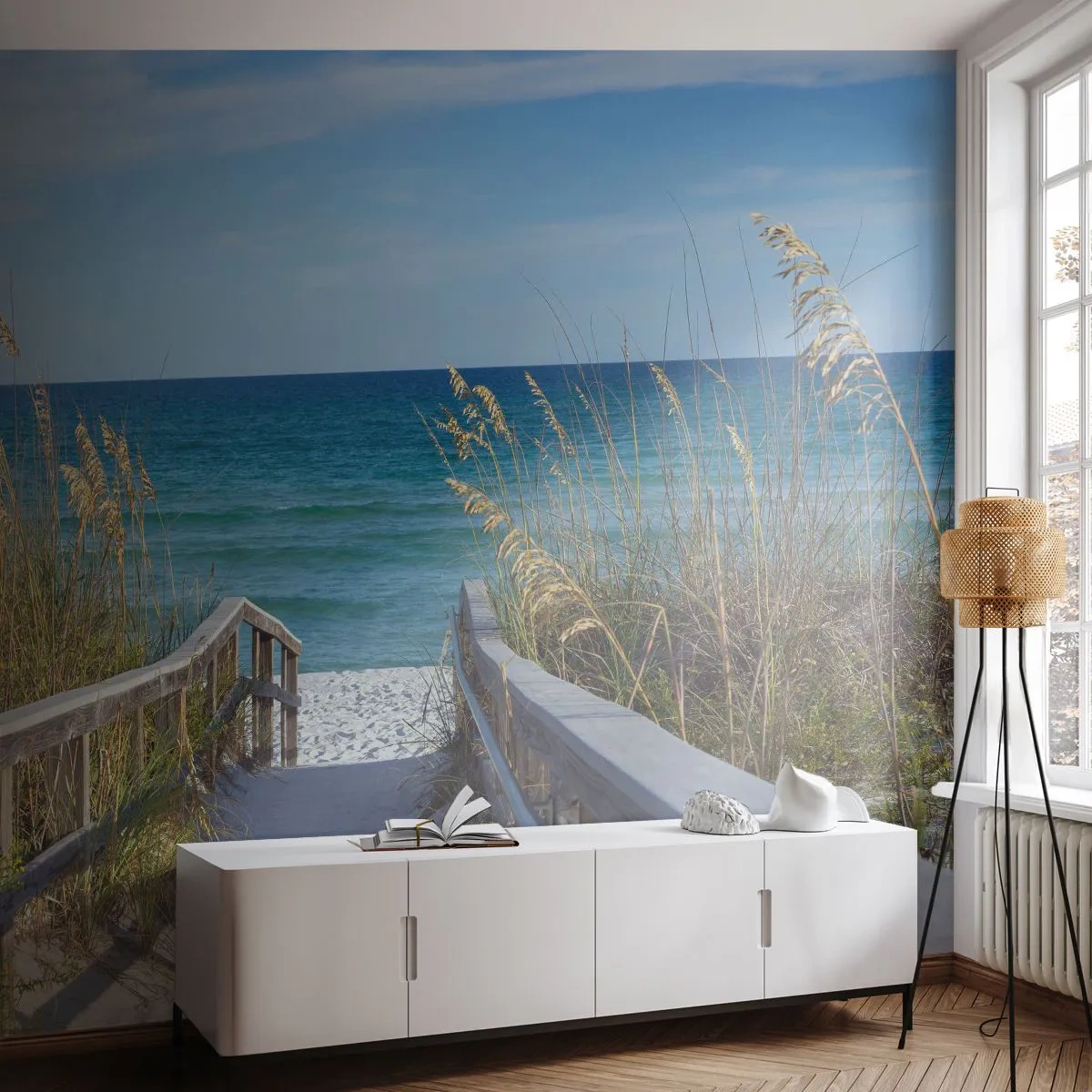 Papier Peint Photo Premium Sand - Chemin en bois menant à la plage de sable - 100x70cm - Au soleil, sous le vent - Décoration murale moderne pour le salon et la chambre ARTTOR