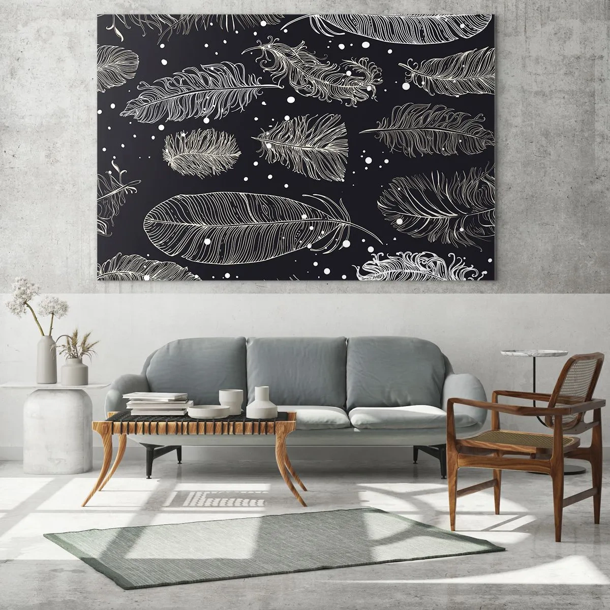 Impression sur verre - Image sur verre - Plumes blanches sur fond noir avec des détails subtils - 120x80cm - Toile de plumes - Décoration murale moderne pour le salon et la chambre ARTTOR