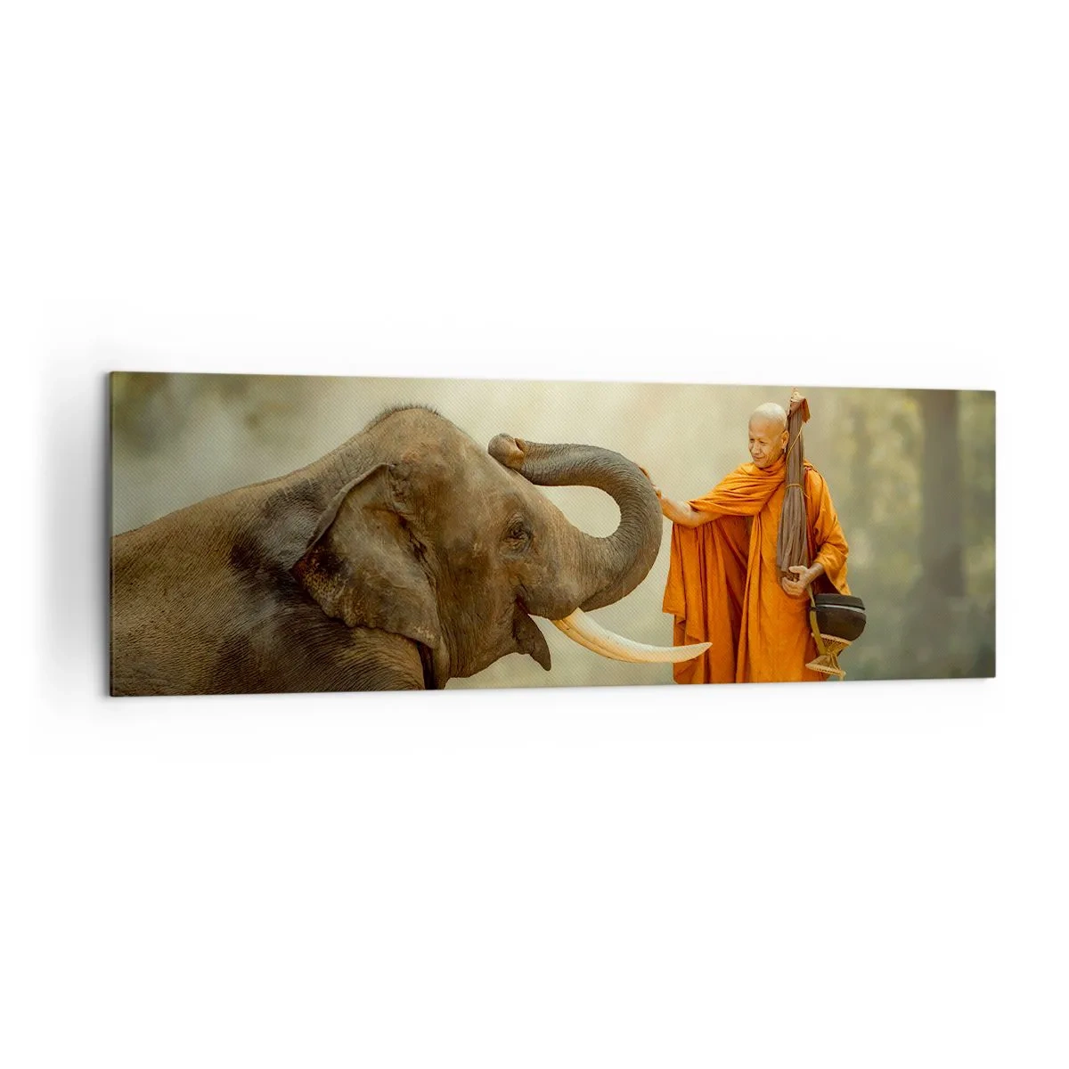 Impression sur toile - Image sur toile - Un moine et un éléphant en harmonie avec la nature en toile de fond - 160x50cm - Rencontre en voyageant - Décoration murale moderne pour le salon et la chambre ARTTOR