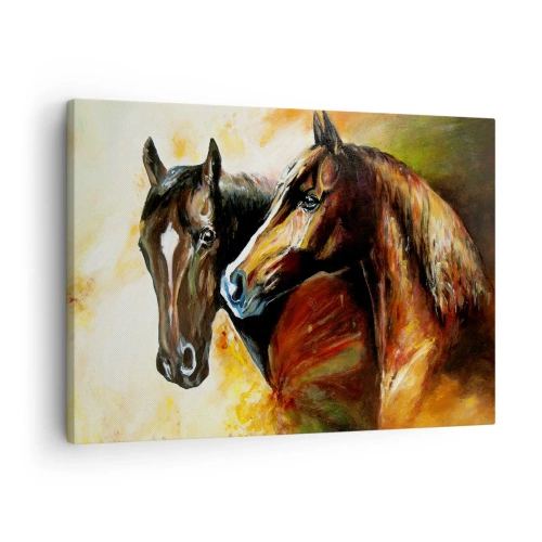 Impression sur toile - Image sur toile - Une paire de chevaux dans une composition picturale - 70x50cm - Deux fois plus gracieux - Décoration murale moderne pour le salon et la chambre ARTTOR