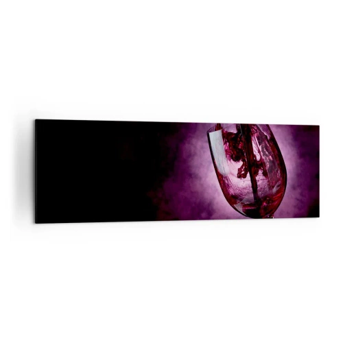 Impression sur toile - Image sur toile - Du vin rouge versé dans un verre sur fond de fumée violette - 160x50cm - Écarlate? Carmin? Non, rubis. - Décoration murale moderne pour le salon et la chambre ARTTOR