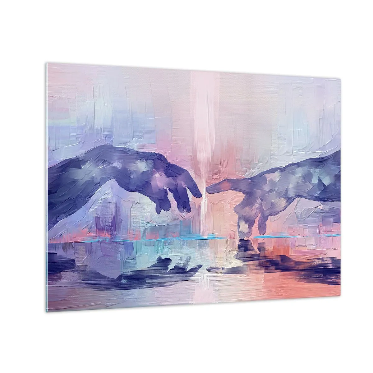 Impression sur verre - Image sur verre - Mains abstraites s'approchant l'une de l'autre sur un fond pastel. - 70x50cm - Divine étincelle de vie - Décoration murale moderne pour le salon et la chambre ARTTOR