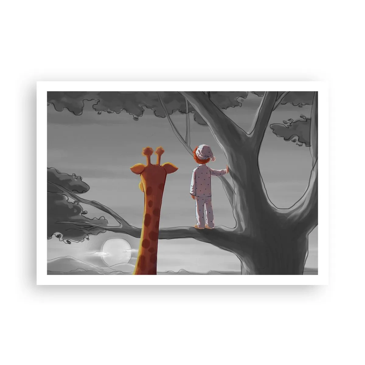 Affiche - Poster - Un enfant et une girafe sur une branche d'arbre dans un paysage de conte de fées - 100x70cm - Cela arrive vraiment - Décoration murale moderne pour le salon et la chambre ARTTOR