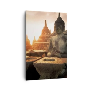 Impression sur toile - Image sur toile - Statue de Bouddha au temple de Borobudur au coucher du soleil - 80x120cm - Temps de grande sagesse - Décoration murale moderne pour le salon et la chambre ARTTOR