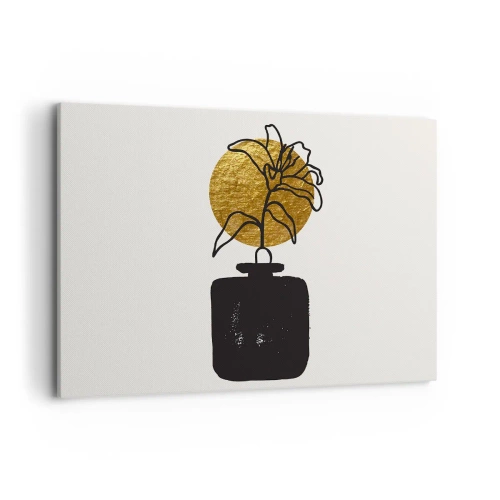 Impression sur toile - Image sur toile - Un dessin d'une fleur dans un vase sur un fond de cercle doré - 100x70cm - La beauté vaut son pesant d'or - Décoration murale moderne pour le salon et la chambre ARTTOR
