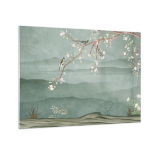 Impression sur verre - Image sur verre - Une branche avec des fleurs et des oiseaux sur un fond de collines verdoyantes - 70x50cm - Printemps oh c'est toi - Décoration murale moderne pour le salon et la chambre ARTTOR