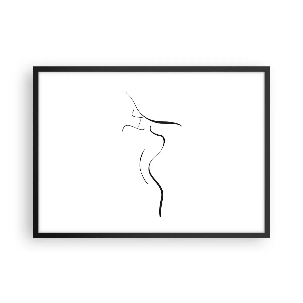 Affiche dans un cadre noir - Poster - Contour minimaliste d'une silhouette féminine sur fond blanc - 70x50cm - Insaisissable comme une vague - Décoration murale moderne pour le salon et la chambre ARTTOR