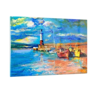 Impression sur verre - Image sur verre - Rainbow Bay avec un phare et des bateaux colorés dans le port - 120x80cm - Un après-midi dans la baie arc-en-ciel - Décoration murale moderne pour le salon et la chambre ARTTOR