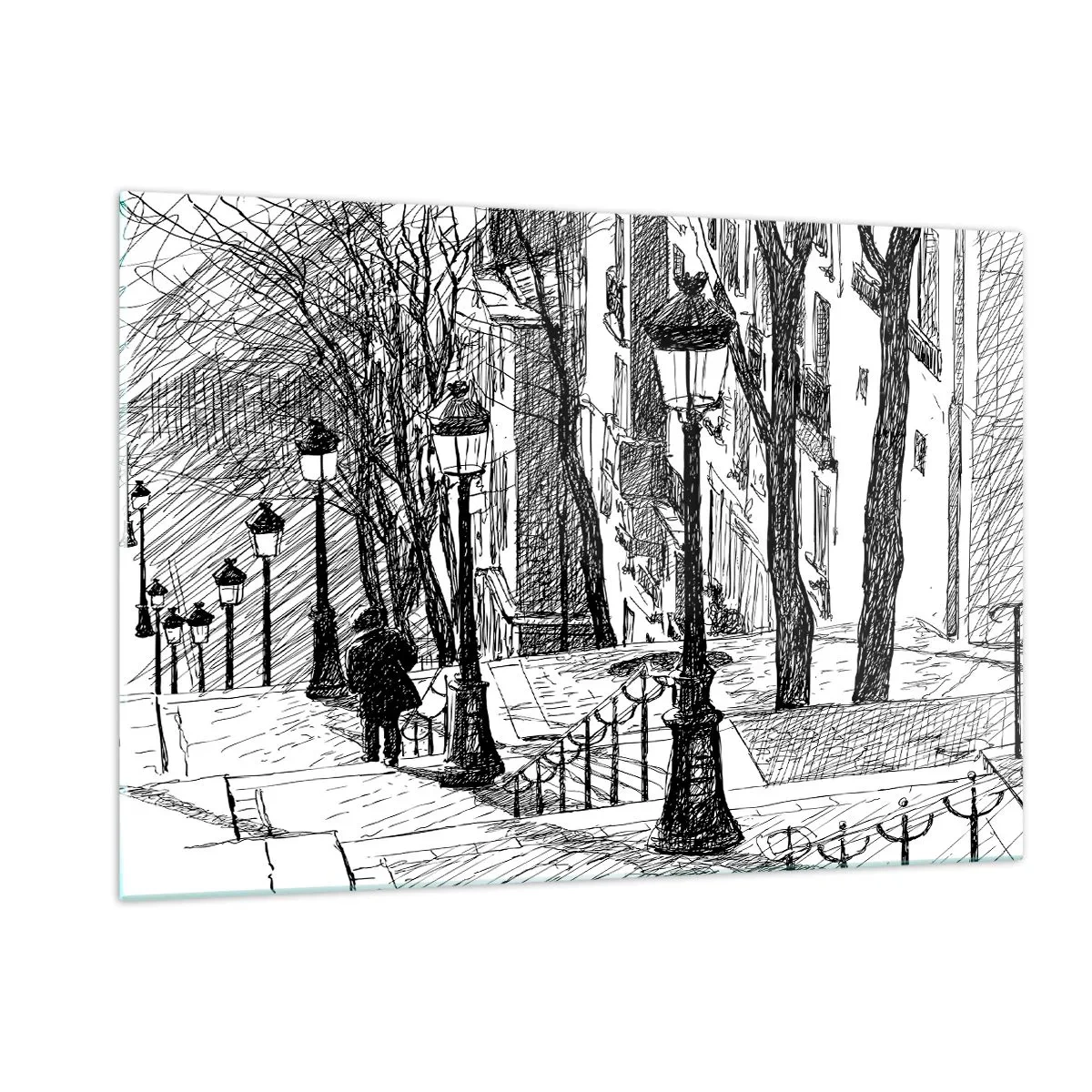 Impression sur verre - Image sur verre - Dessin en noir et blanc d'une rue de la ville avec des lanternes - 120x80cm - Une histoire d'amour ou une histoire d'horreur ? - Décoration murale moderne pour le salon et la chambre ARTTOR