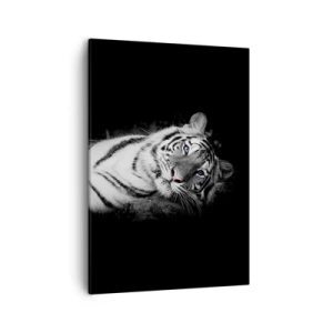Impression sur toile - Image sur toile - Un tigre blanc rendu artistiquement sur un fond noir - 50x70cm - Sauvagerie et paix - Décoration murale moderne pour le salon et la chambre ARTTOR