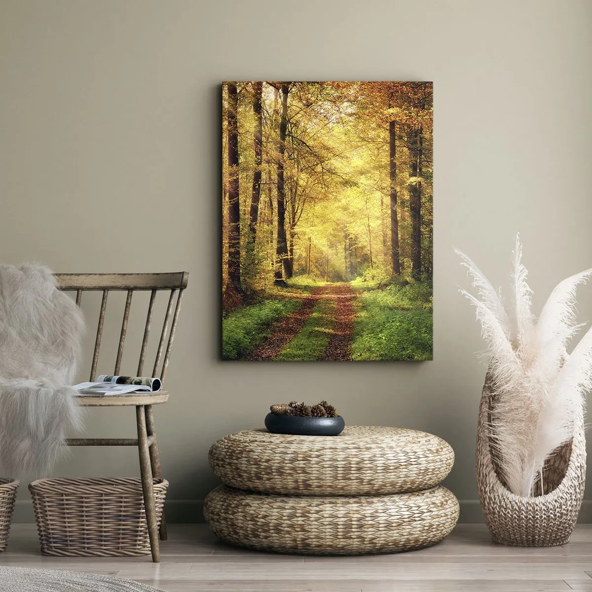 Impression sur toile - Image sur toile - Un chemin forestier entouré d'arbres dorés et verts - 50x70cm - Silence d'or en forêt - Décoration murale moderne pour le salon et la chambre ARTTOR