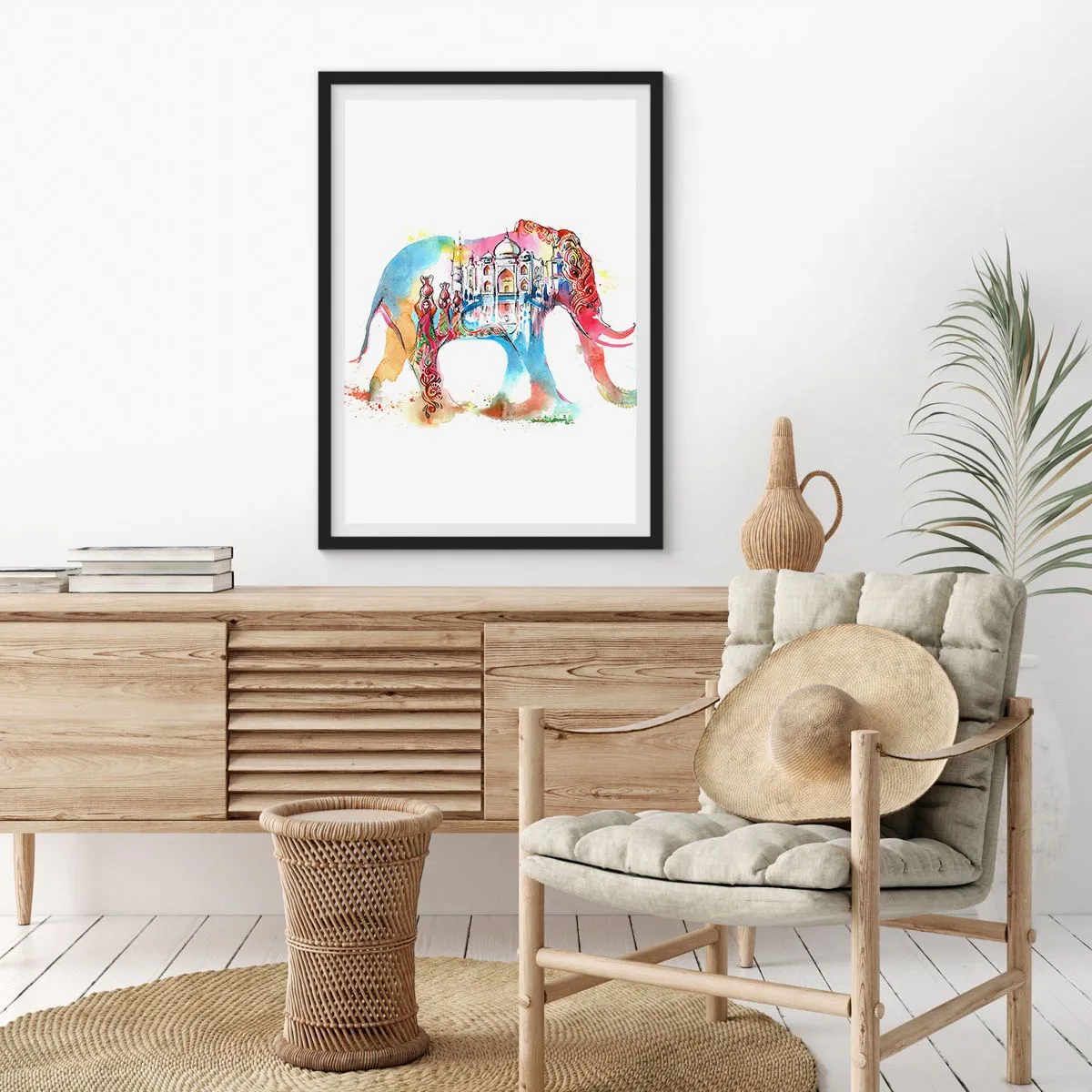 Affiche dans un cadre noir - Poster - Éléphant coloré avec des motifs indiens et le Taj Mahal - 50x70cm - Inde - l'aura de l'amour - Décoration murale moderne pour le salon et la chambre ARTTOR