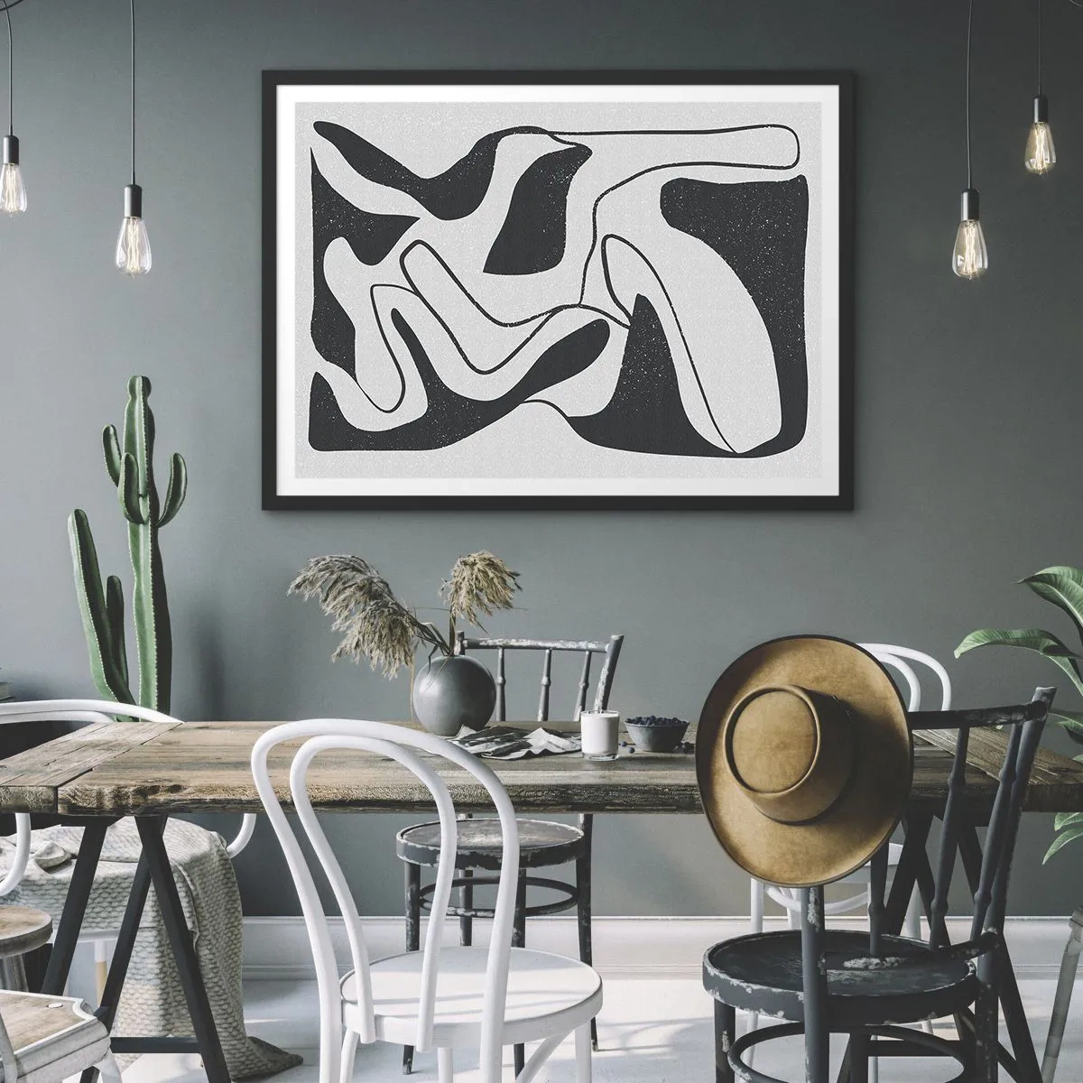 Affiche dans un cadre noir - Poster - Abstraction en noir et blanc avec des formes organiques - 70x50cm - Amusement de labyrinthe abstrait - Décoration murale moderne pour le salon et la chambre ARTTOR