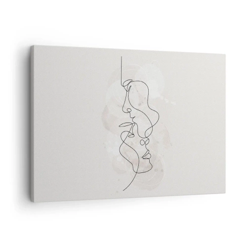 Impression sur toile - Image sur toile - Contour abstrait de deux visages sur fond clair - 70x50cm - Emmêlé dans une étreinte - Décoration murale moderne pour le salon et la chambre ARTTOR