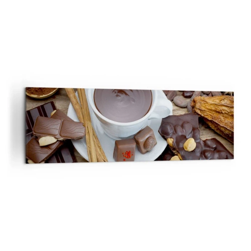 Impression sur toile - Image sur toile - Une tasse de chocolat chaud entourée d'ingrédients de dessert - 160x50cm - D'une chocolaterie de conte de fées - Décoration murale moderne pour le salon et la chambre ARTTOR