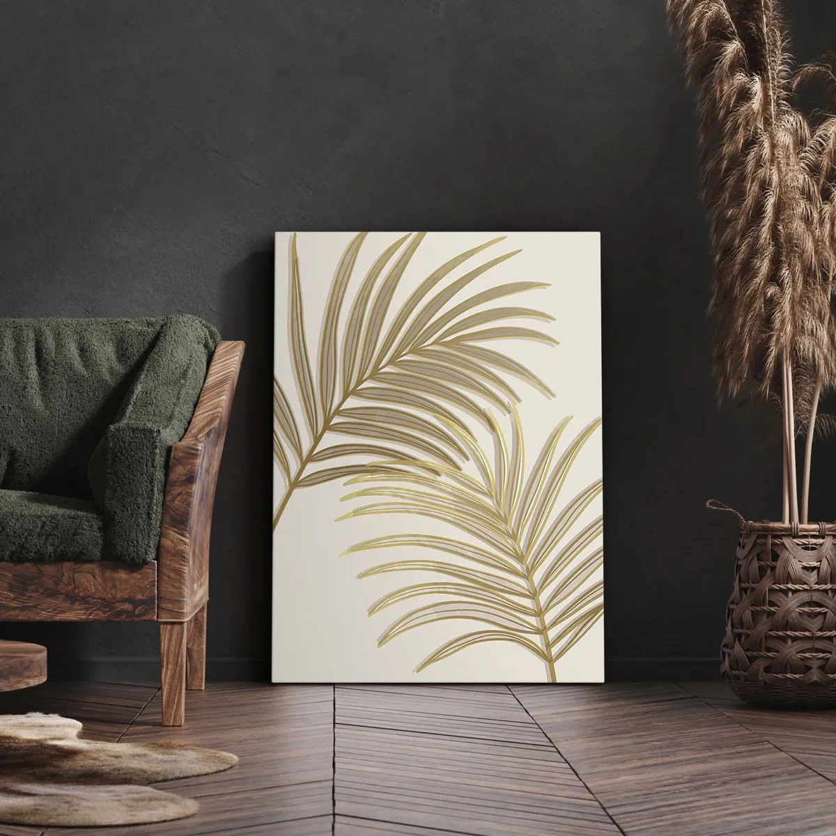 Impression sur toile - Image sur toile - Feuilles de palmier dorées sur fond clair dans un style minimaliste - 50x70cm - Palme d'or! - Décoration murale moderne pour le salon et la chambre ARTTOR